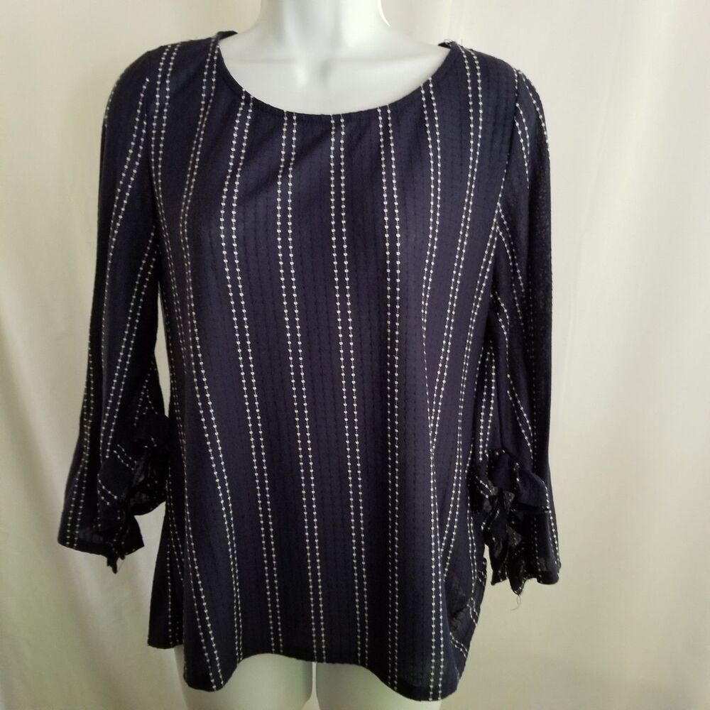 W5 Navy Blue Striped Ruffle Sleeve Blouse Women’s Size Large Made in USA